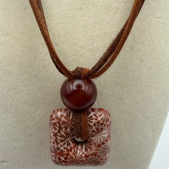 Coral Fossil Square Donut Pendant on Brown Two Tone Faux Leather Double Cord - Picture 4 of 11
